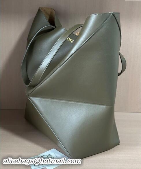 New Style Loewe Large Puzzle Fold Tote Bag in shiny calfskin L0066 Khaki Green 2024