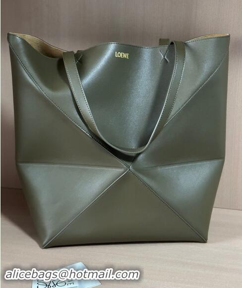 New Style Loewe Large Puzzle Fold Tote Bag in shiny calfskin L0066 Khaki Green 2024