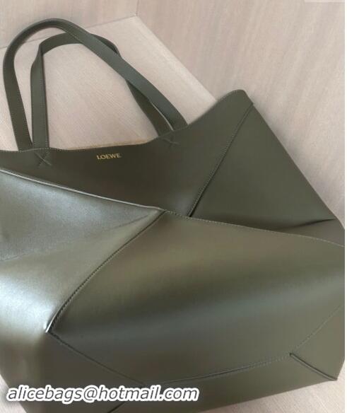 New Style Loewe Large Puzzle Fold Tote Bag in shiny calfskin L0066 Khaki Green 2024