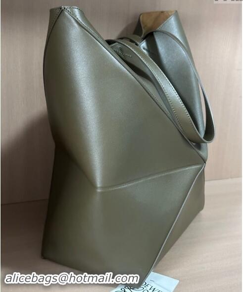 New Style Loewe Large Puzzle Fold Tote Bag in shiny calfskin L0066 Khaki Green 2024