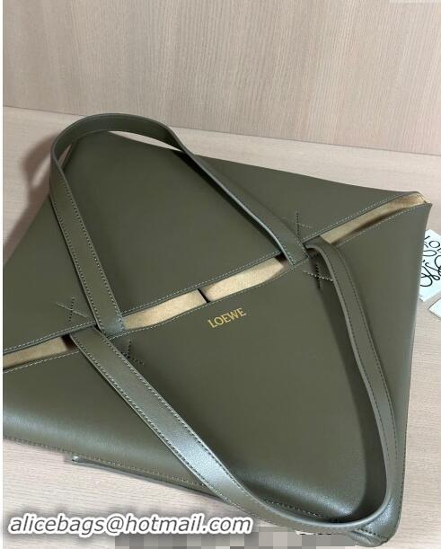 New Style Loewe Large Puzzle Fold Tote Bag in shiny calfskin L0066 Khaki Green 2024