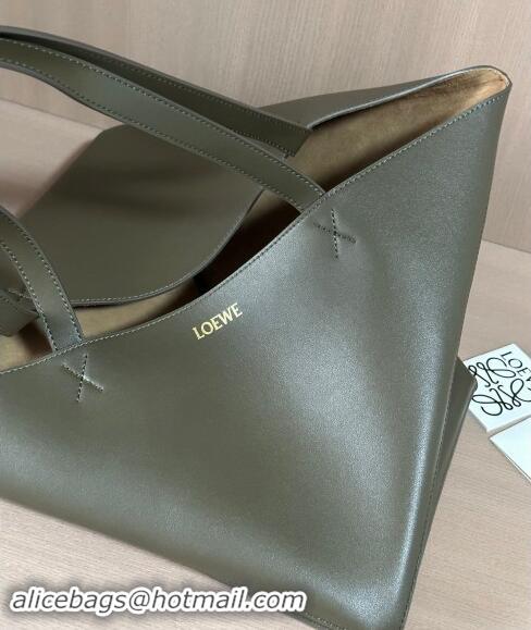 New Style Loewe Large Puzzle Fold Tote Bag in shiny calfskin L0066 Khaki Green 2024