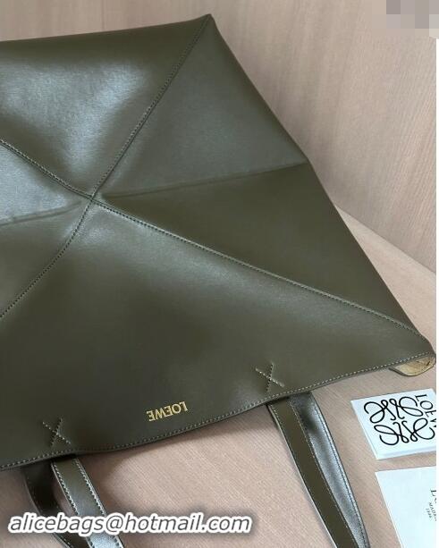 New Style Loewe Large Puzzle Fold Tote Bag in shiny calfskin L0066 Khaki Green 2024