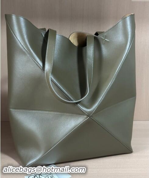 New Style Loewe Large Puzzle Fold Tote Bag in shiny calfskin L0066 Khaki Green 2024