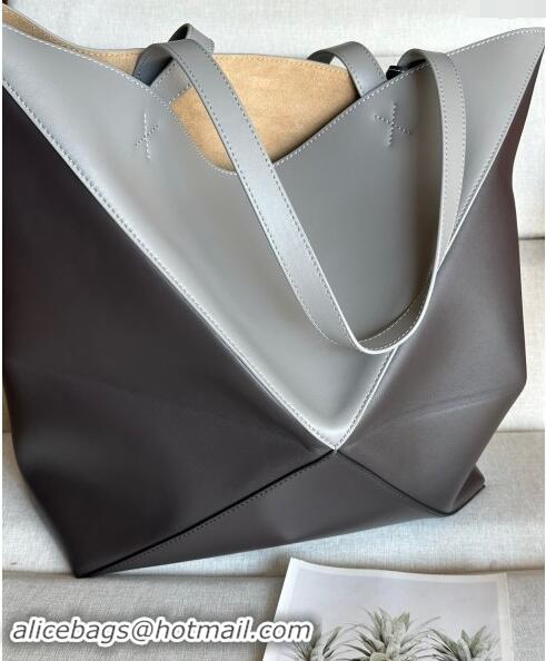 Super Quality Loewe Large Puzzle Fold Tote Bag in patchwork calfskin L0066 Pearl/Dark Grey 2024