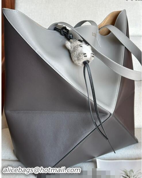 Super Quality Loewe Large Puzzle Fold Tote Bag in patchwork calfskin L0066 Pearl/Dark Grey 2024