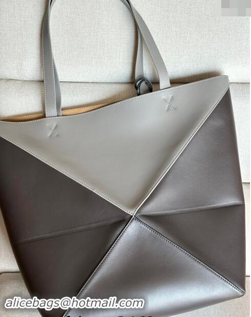 Super Quality Loewe Large Puzzle Fold Tote Bag in patchwork calfskin L0066 Pearl/Dark Grey 2024