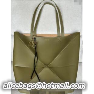 Top Quality Loewe Large Puzzle Fold Tote Bag in shiny calfskin L0066 Olive Green 2024 (No Charm)