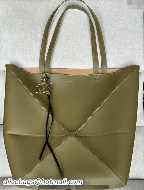 Top Quality Loewe Large Puzzle Fold Tote Bag in shiny calfskin L0066 Olive Green 2024 (No Charm)