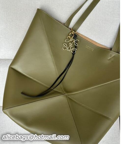 Top Quality Loewe Large Puzzle Fold Tote Bag in shiny calfskin L0066 Olive Green 2024 (No Charm)