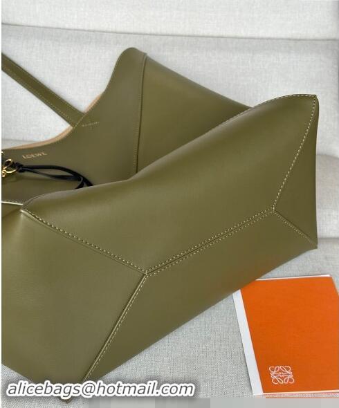 Top Quality Loewe Large Puzzle Fold Tote Bag in shiny calfskin L0066 Olive Green 2024 (No Charm)