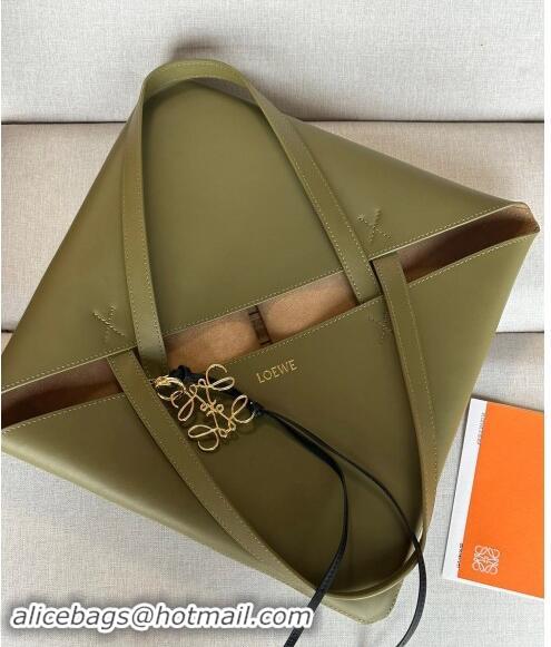 Top Quality Loewe Large Puzzle Fold Tote Bag in shiny calfskin L0066 Olive Green 2024 (No Charm)