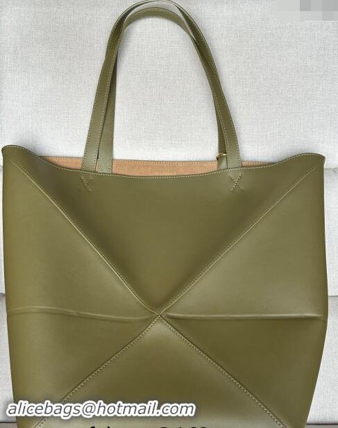 Top Quality Loewe Large Puzzle Fold Tote Bag in shiny calfskin L0066 Olive Green 2024 (No Charm)