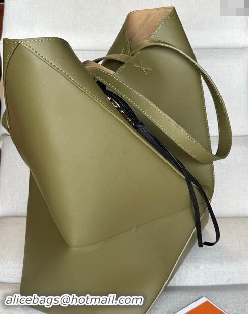 Top Quality Loewe Large Puzzle Fold Tote Bag in shiny calfskin L0066 Olive Green 2024 (No Charm)