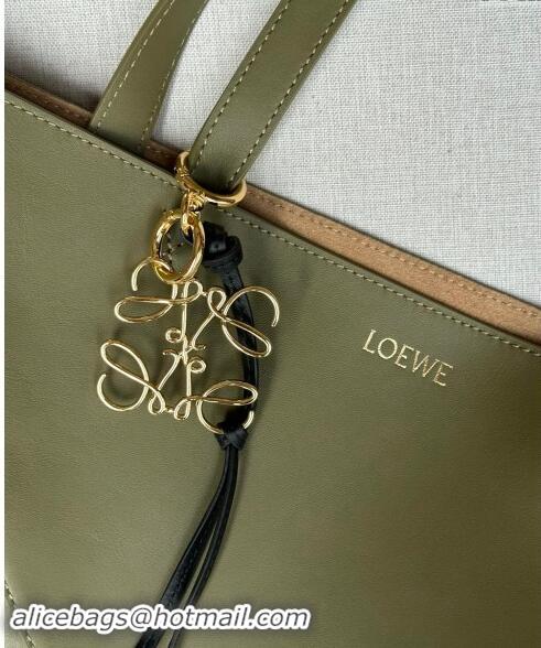 Top Quality Loewe Large Puzzle Fold Tote Bag in shiny calfskin L0066 Olive Green 2024 (No Charm)