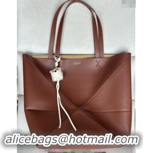 Well Crafted Loewe Large Puzzle Fold Tote Bag in shiny calfskin L0066 Brown 2024 (No Charm)