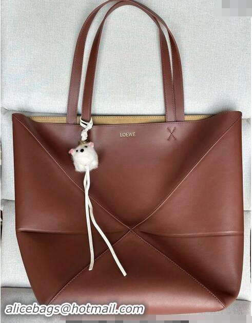 Well Crafted Loewe Large Puzzle Fold Tote Bag in shiny calfskin L0066 Brown 2024 (No Charm)