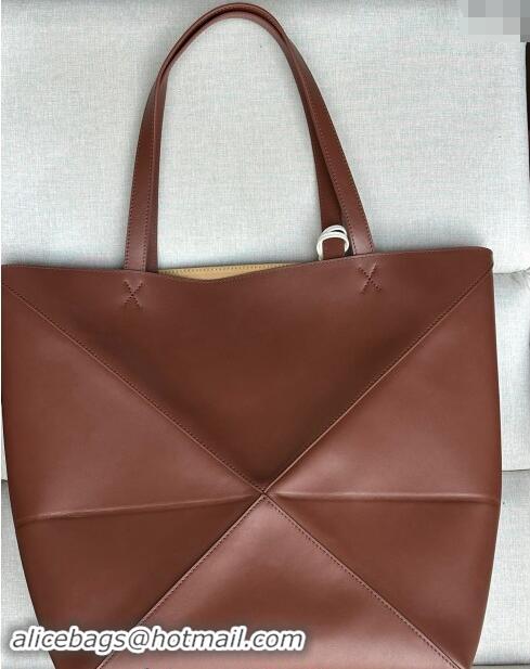 Well Crafted Loewe Large Puzzle Fold Tote Bag in shiny calfskin L0066 Brown 2024 (No Charm)