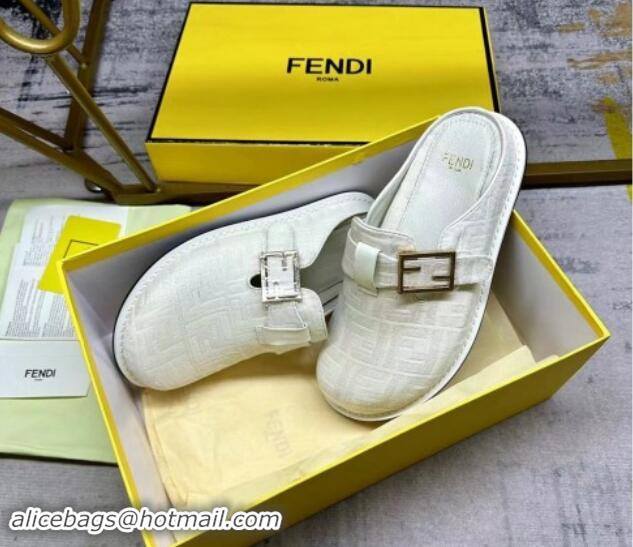 Good Quality Fendi Feel Flat Mules in FF fabric with Baguette Strap White 813133