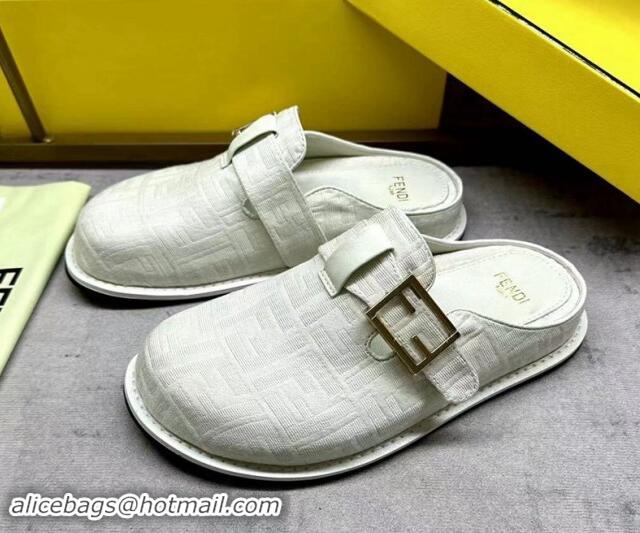 Good Quality Fendi Feel Flat Mules in FF fabric with Baguette Strap White 813133