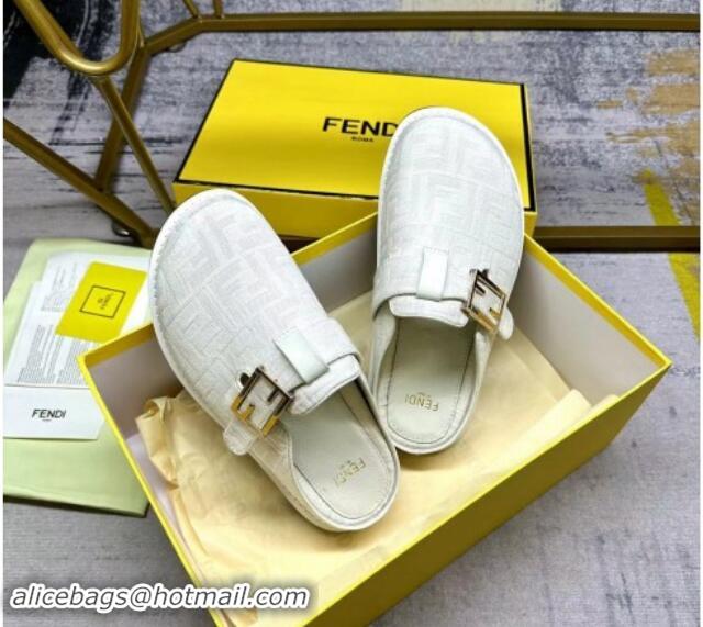 Good Quality Fendi Feel Flat Mules in FF fabric with Baguette Strap White 813133