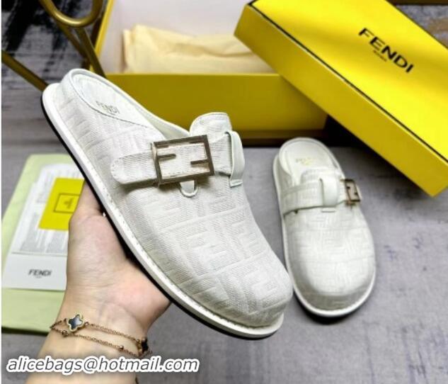 Good Quality Fendi Feel Flat Mules in FF fabric with Baguette Strap White 813133