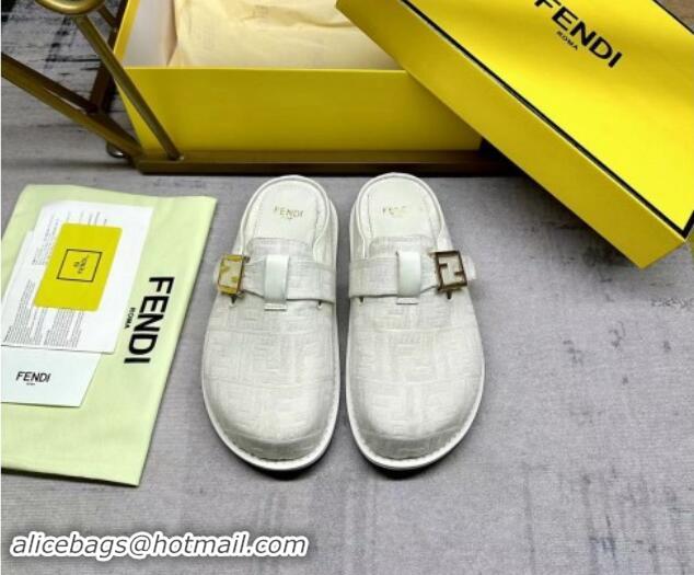 Good Quality Fendi Feel Flat Mules in FF fabric with Baguette Strap White 813133