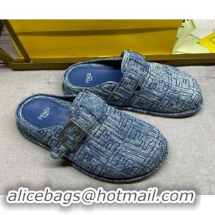 Good Quality Fendi Feel Flat Mules in FF Denim with Baguette Strap Blue 813134