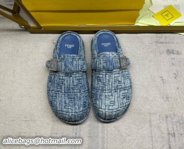 Good Quality Fendi Feel Flat Mules in FF Denim with Baguette Strap Blue 813134