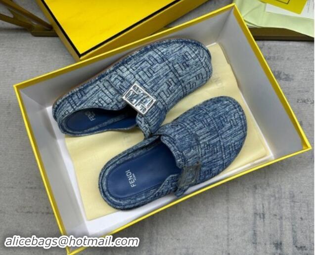 Good Quality Fendi Feel Flat Mules in FF Denim with Baguette Strap Blue 813134