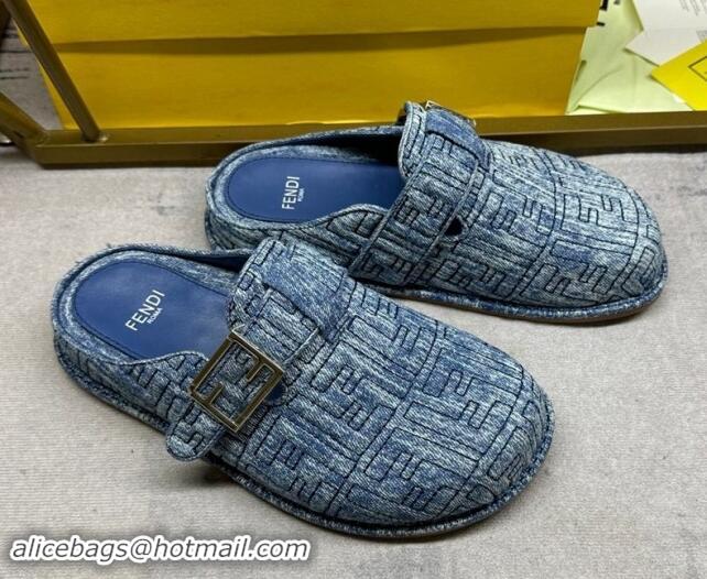 Good Quality Fendi Feel Flat Mules in FF Denim with Baguette Strap Blue 813134