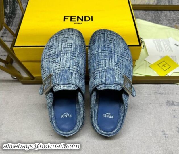 Good Quality Fendi Feel Flat Mules in FF Denim with Baguette Strap Blue 813134