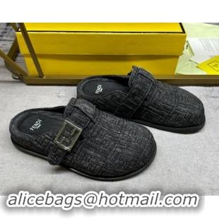 Pretty Style Fendi Feel Flat Mules in FF Denim with Baguette Strap Black 813135