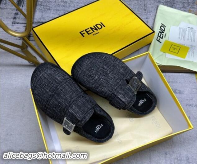 Pretty Style Fendi Feel Flat Mules in FF Denim with Baguette Strap Black 813135