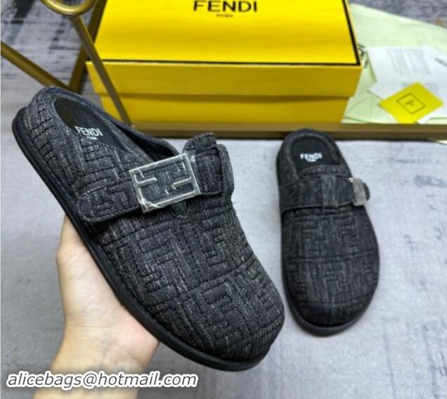 Pretty Style Fendi Feel Flat Mules in FF Denim with Baguette Strap Black 813135