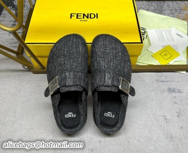 Pretty Style Fendi Feel Flat Mules in FF Denim with Baguette Strap Black 813135