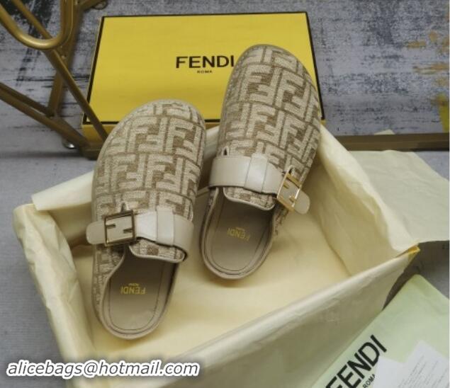 Top Grade Fendi Feel Flat Mules in FF chenille fabric with Baguette Strap Dove Grey 813136