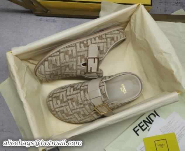 Top Grade Fendi Feel Flat Mules in FF chenille fabric with Baguette Strap Dove Grey 813136