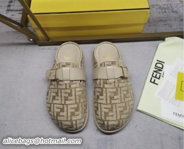 Top Grade Fendi Feel Flat Mules in FF chenille fabric with Baguette Strap Dove Grey 813136