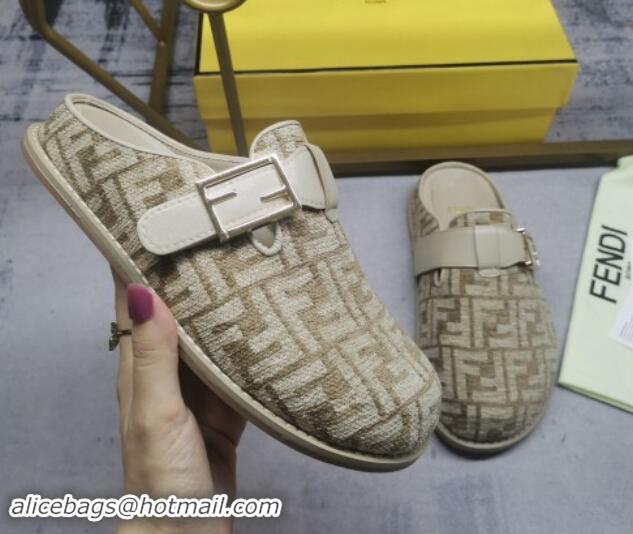 Top Grade Fendi Feel Flat Mules in FF chenille fabric with Baguette Strap Dove Grey 813136