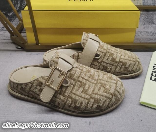 Top Grade Fendi Feel Flat Mules in FF chenille fabric with Baguette Strap Dove Grey 813136