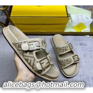 Popular Style Fendi Feel Flat Slides Sandal in FF chenille Fabric with Baguette Strap Dove Grey 813137