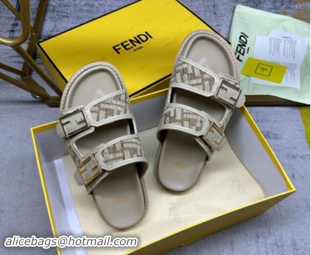 Popular Style Fendi Feel Flat Slides Sandal in FF chenille Fabric with Baguette Strap Dove Grey 813137