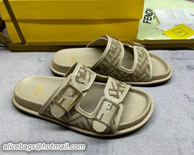 Popular Style Fendi Feel Flat Slides Sandal in FF chenille Fabric with Baguette Strap Dove Grey 813137