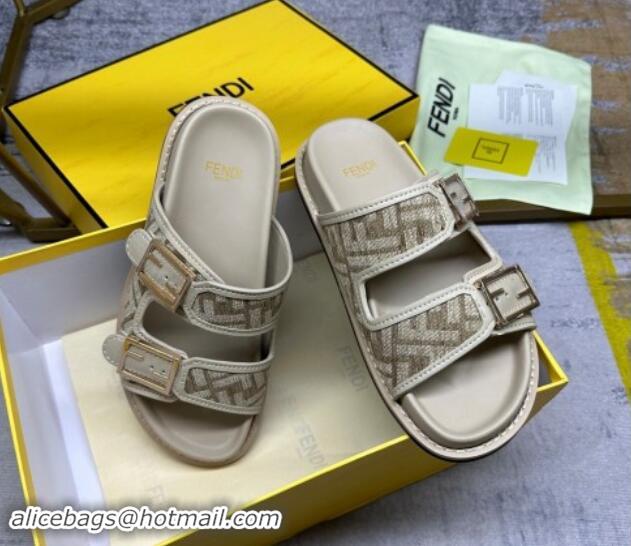 Popular Style Fendi Feel Flat Slides Sandal in FF chenille Fabric with Baguette Strap Dove Grey 813137