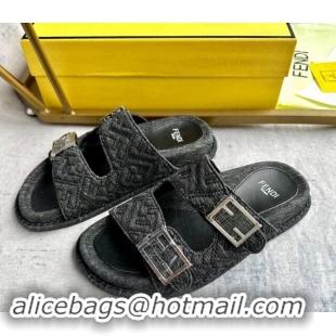 Unique Style Fendi Feel Flat Slides Sandal in FF Denim with Baguette Buckle Black 813138