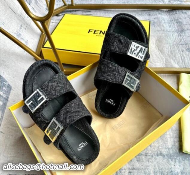 Unique Style Fendi Feel Flat Slides Sandal in FF Denim with Baguette Buckle Black 813138