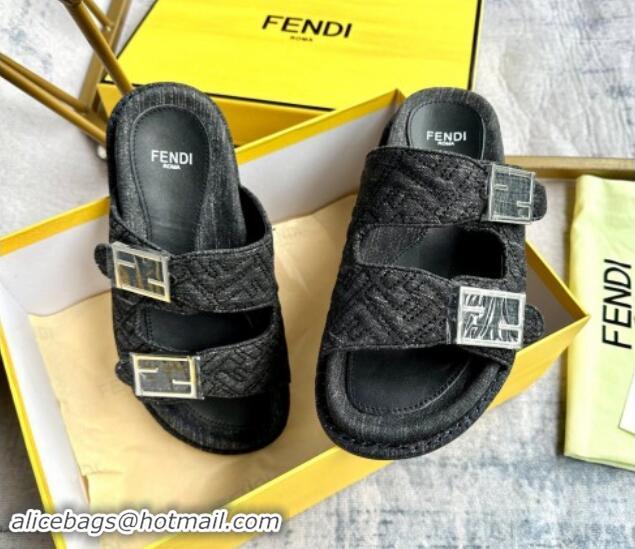 Unique Style Fendi Feel Flat Slides Sandal in FF Denim with Baguette Buckle Black 813138