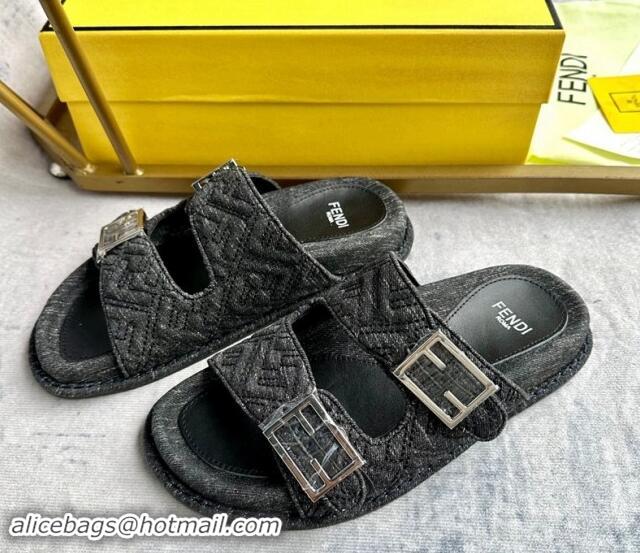 Unique Style Fendi Feel Flat Slides Sandal in FF Denim with Baguette Buckle Black 813138