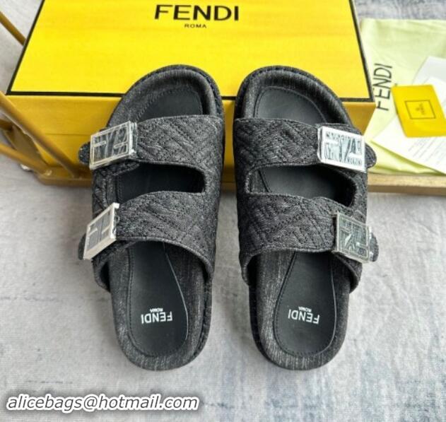 Unique Style Fendi Feel Flat Slides Sandal in FF Denim with Baguette Buckle Black 813138